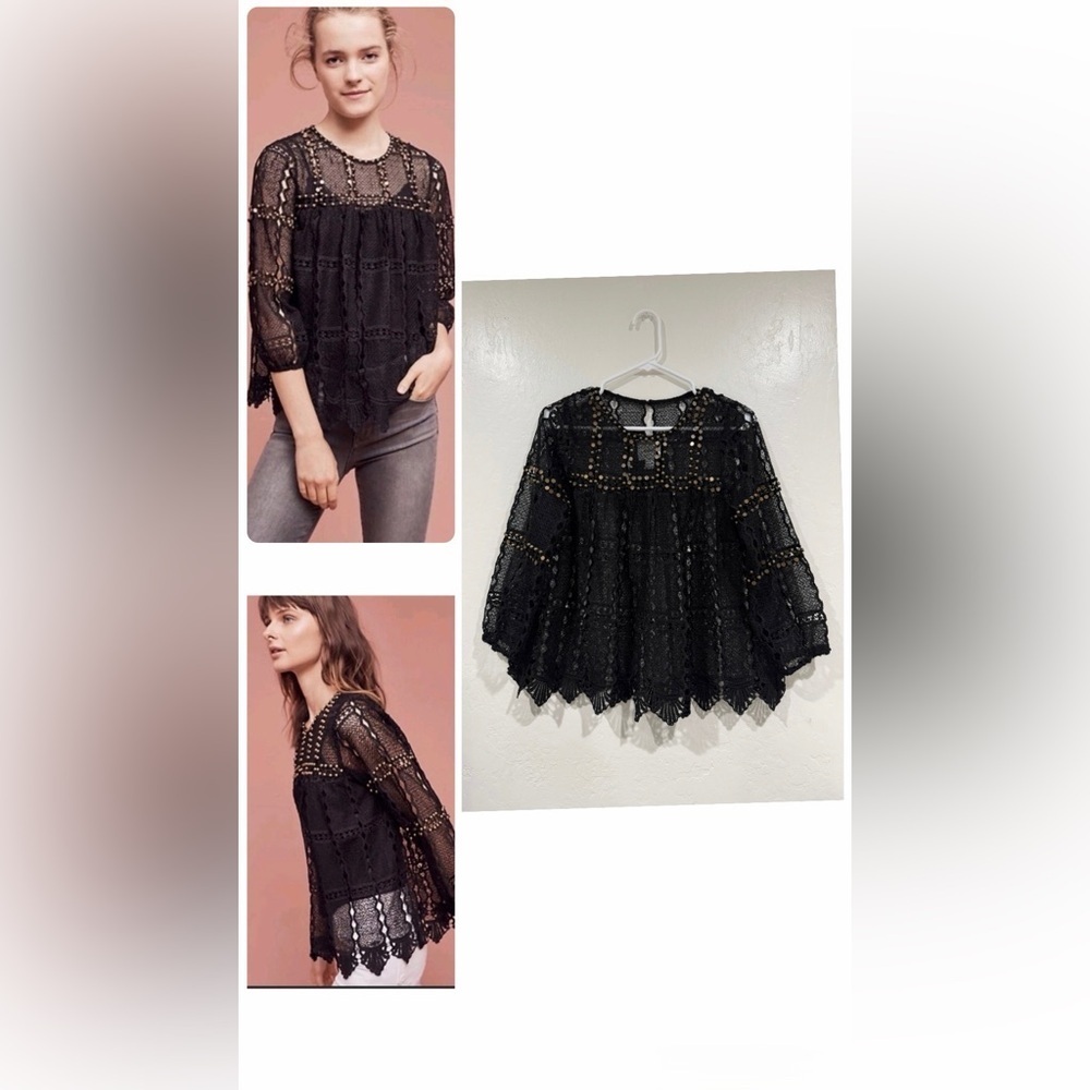 Maeve Black Lace See Through Beaded Accents Eyelet Boho Blouse size S